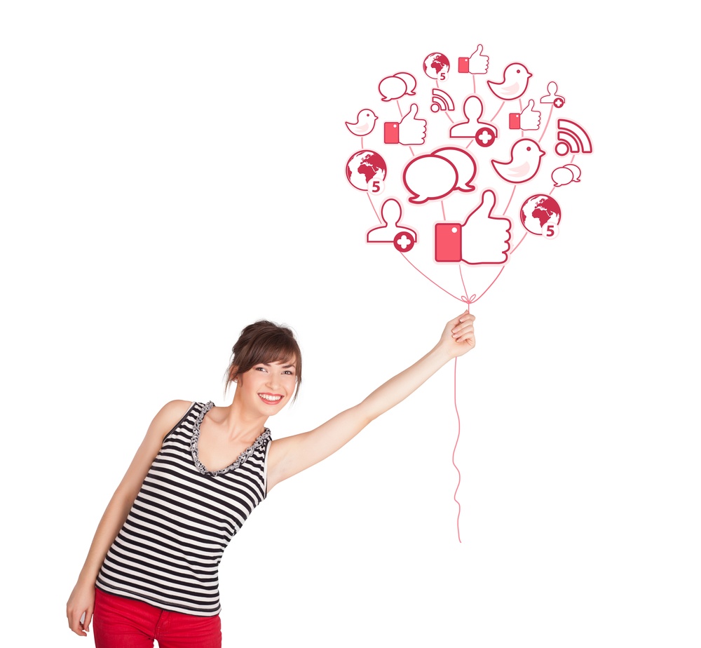 Social-Selling-Happy young lady holding social icon balloon